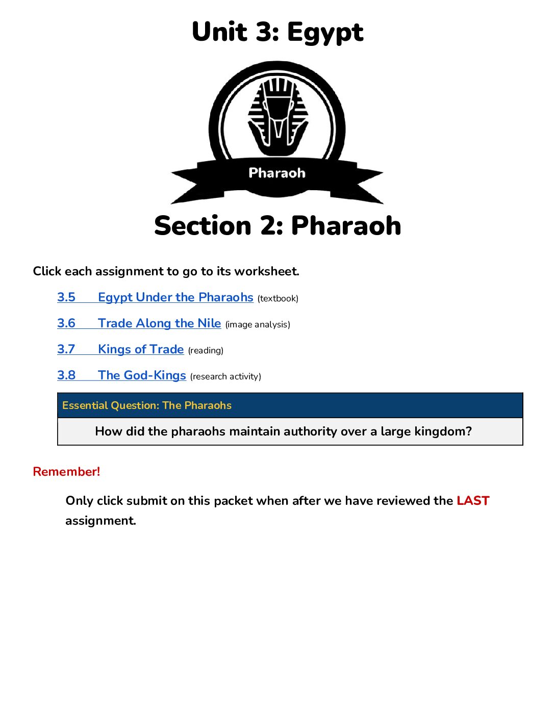 Answer Key Unit 3 Sections 2 Pharaoh