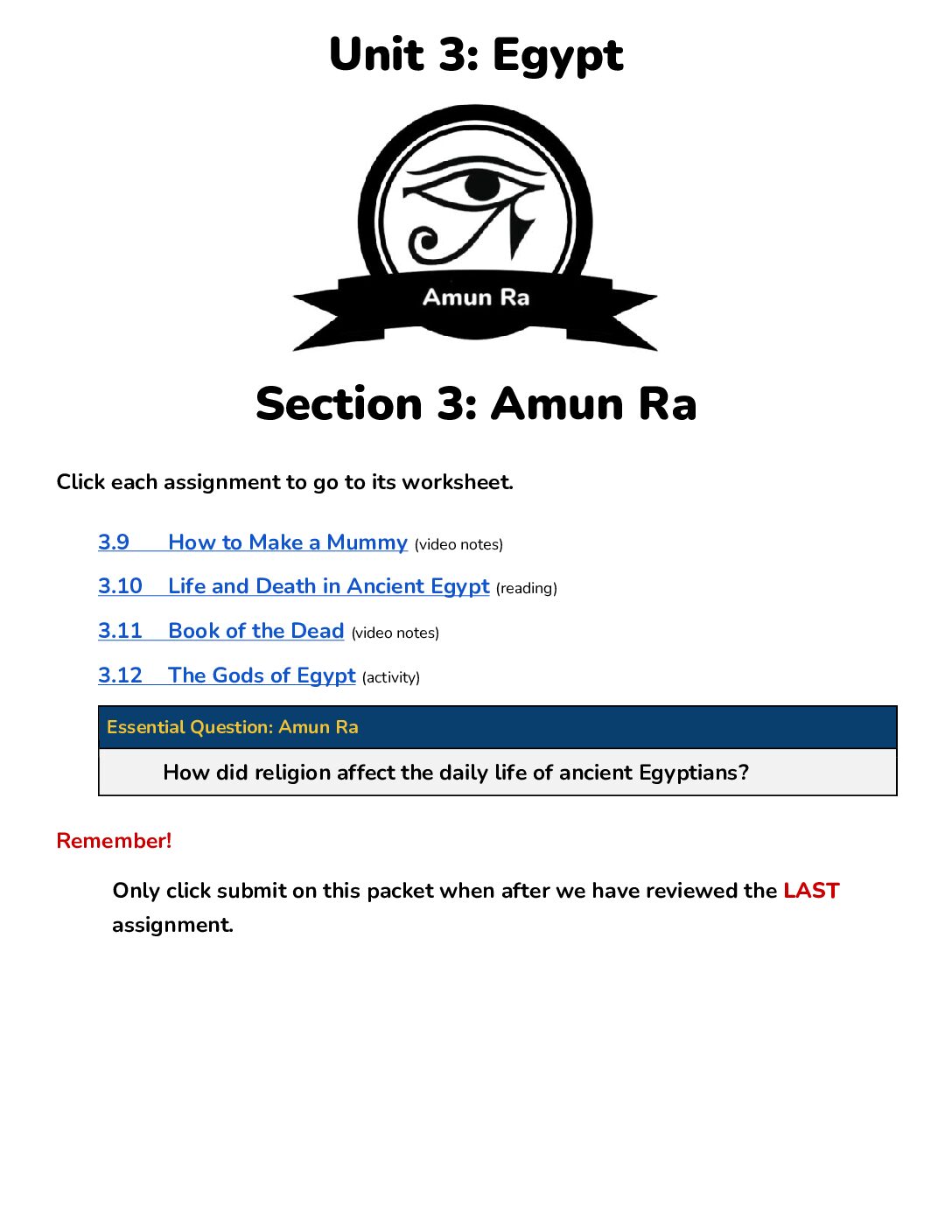 Answer Key Unit 3 Sections 3 Amun Ra