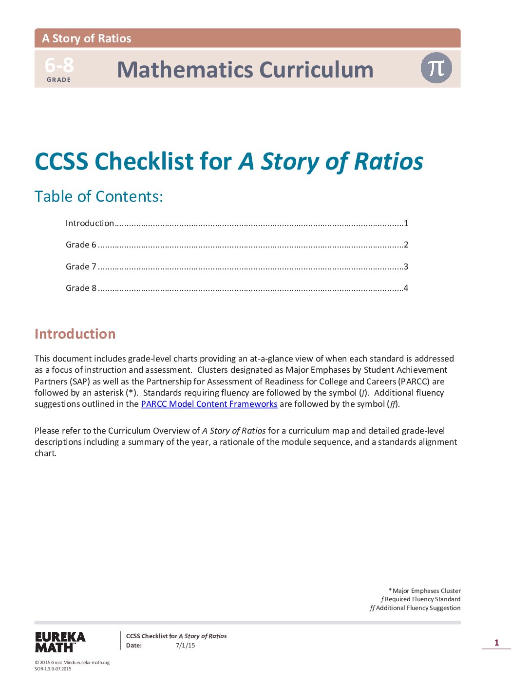 Ccss Checklist For A Story Of Ratios