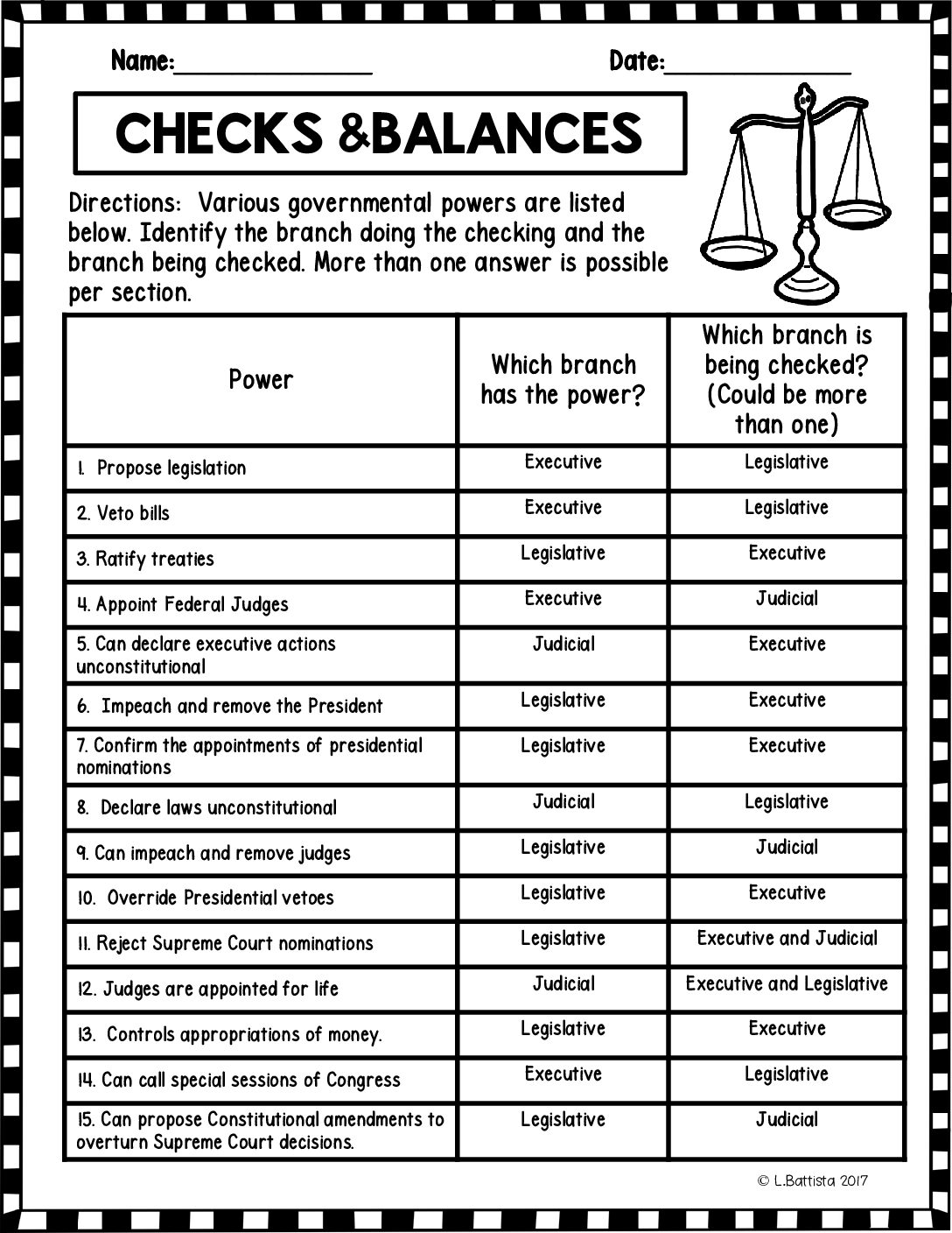 Checks And Balances Worksheet Key