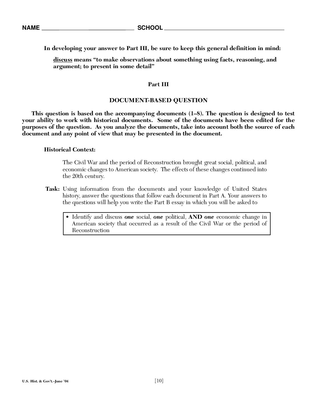 Civil War And Reconstruction Test Option 2