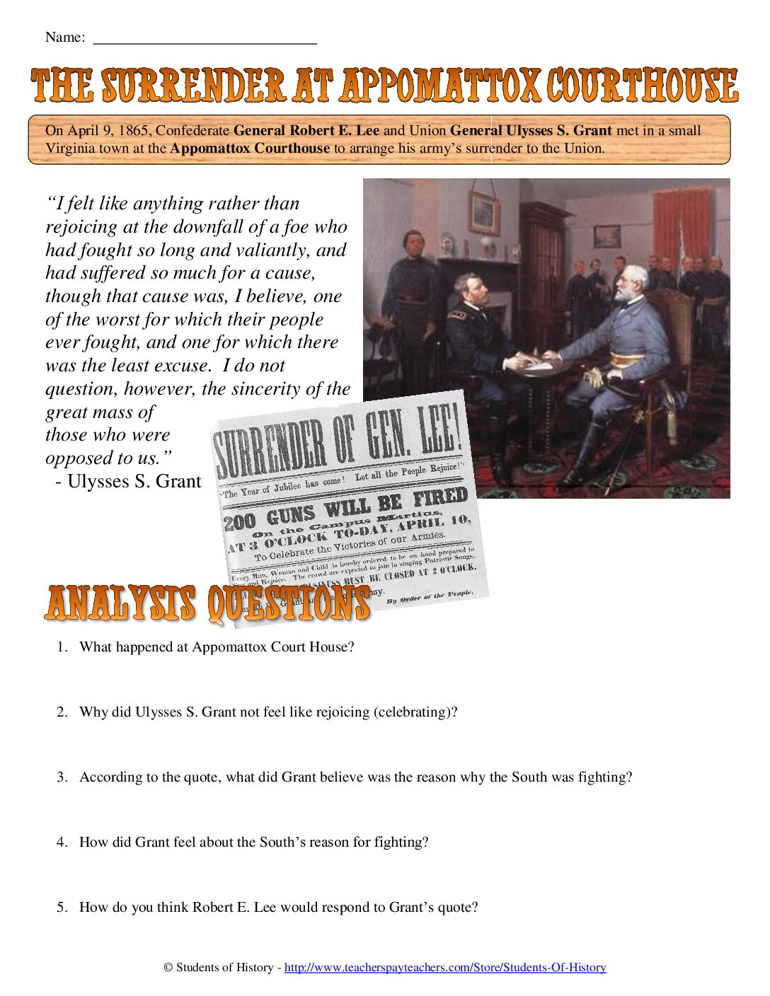 Civil War Appomattox Court House Primary Source Analysis Worksheet