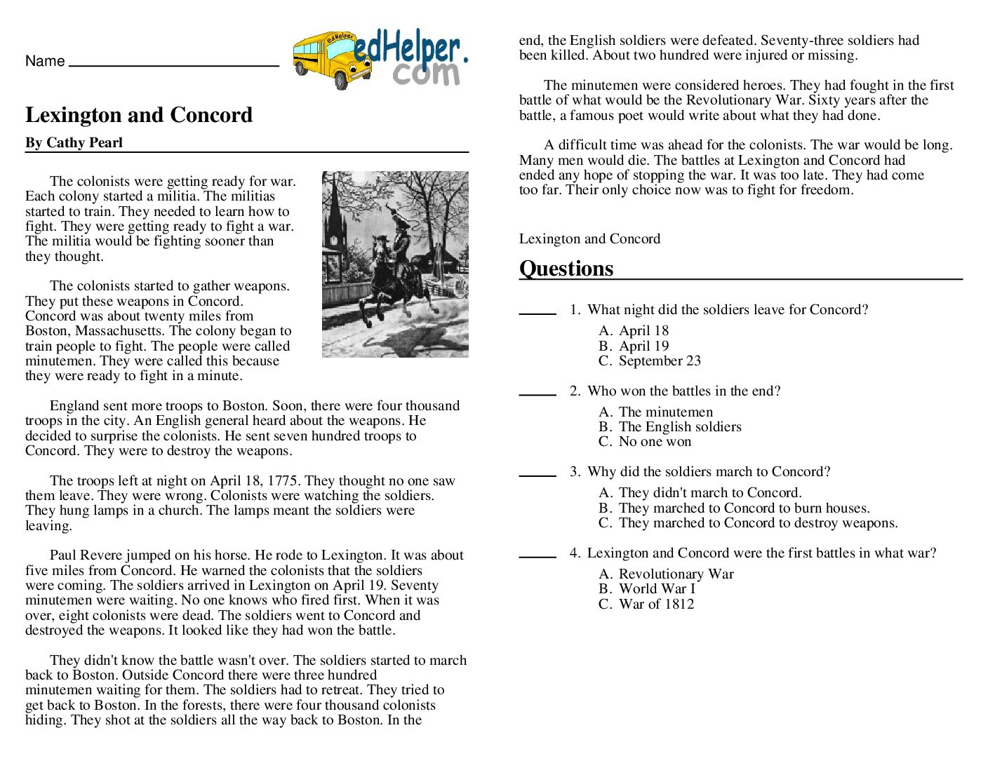 Day 6 Lexington And Conord Reading And Questions