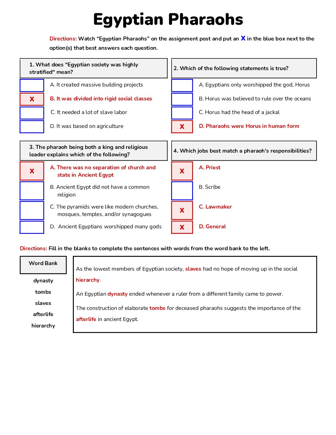 Egyptian Pharaohs (Answer Key)