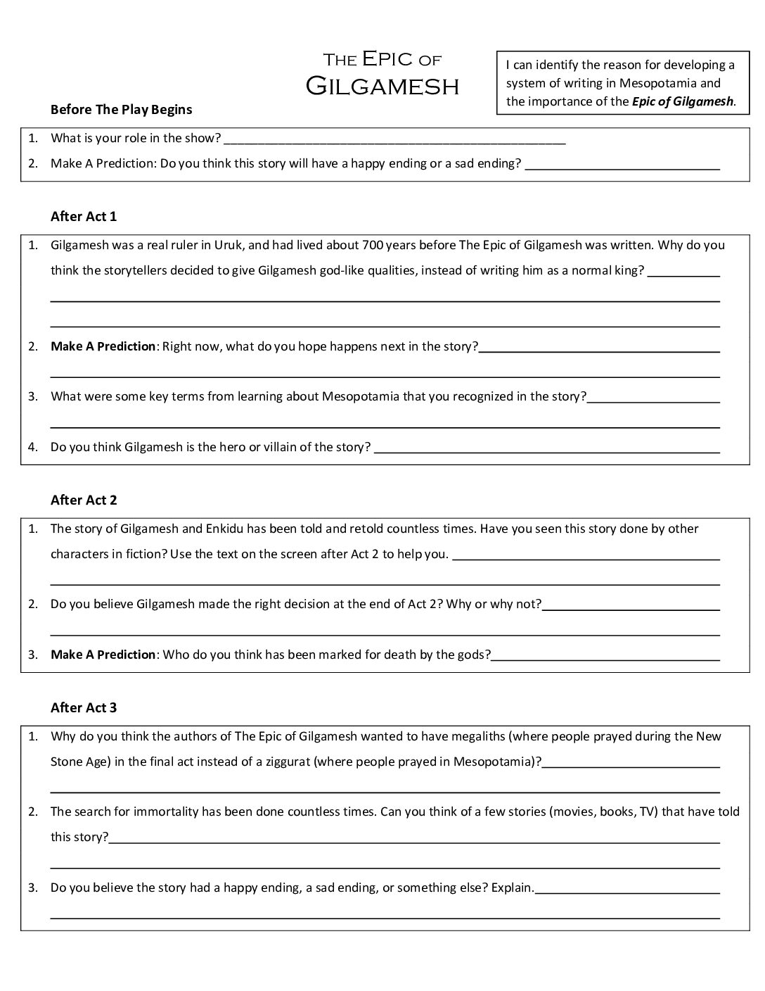 Epic Of Gilgamesh Student Prediction And Response
