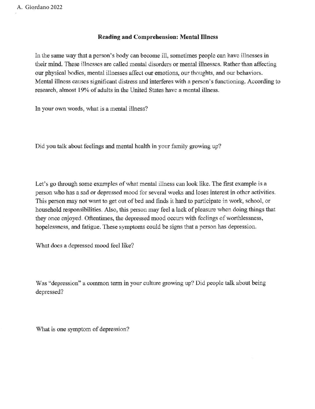 Esl Advanced Mental Health Reading And Comprehension