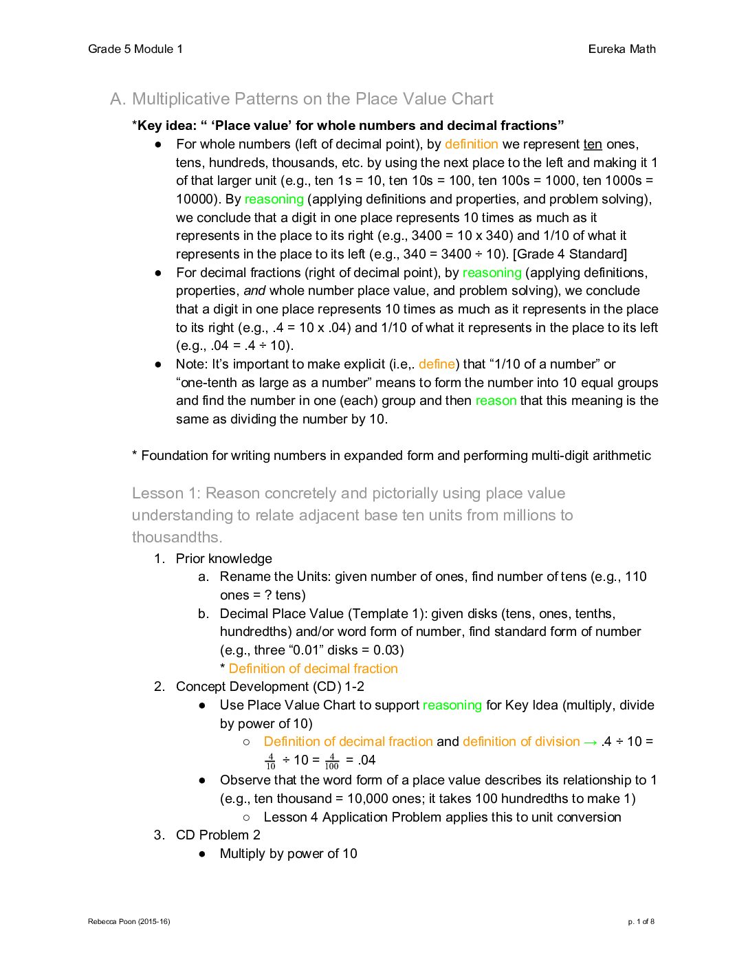 Grade 5 Module 1 Notes