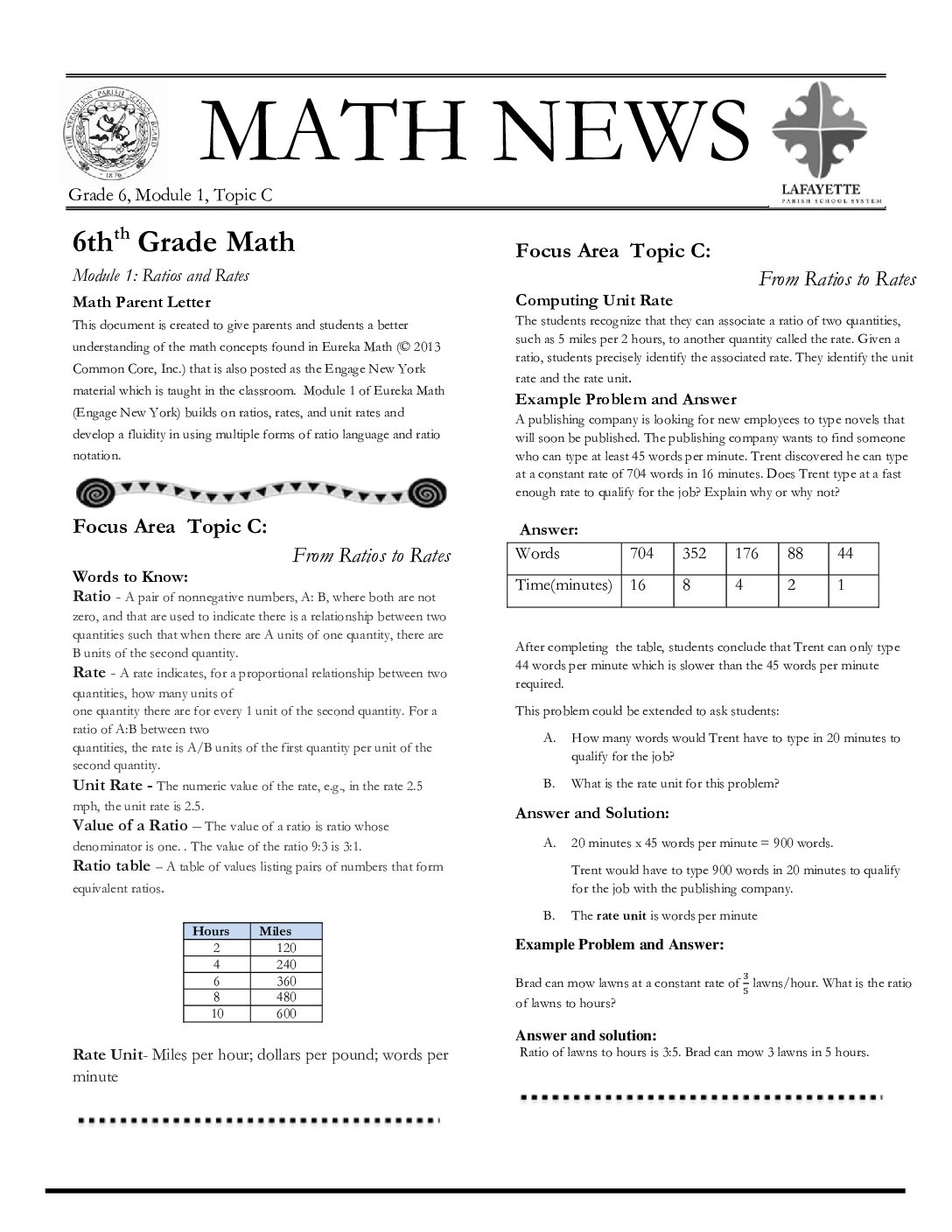 Grade 6 Module 1 Topic C Newletter