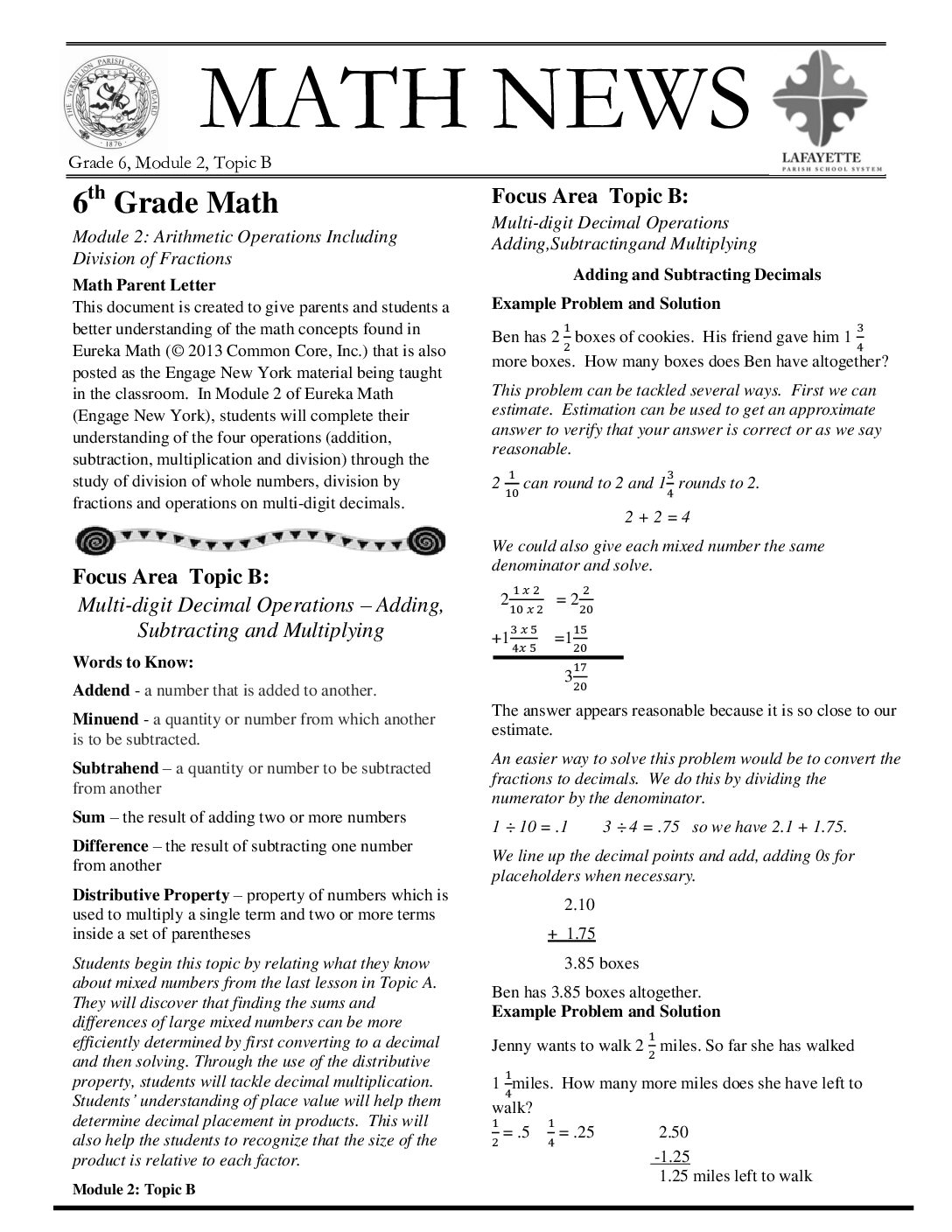 Grade 6 Module 2 Topic B Newsletter