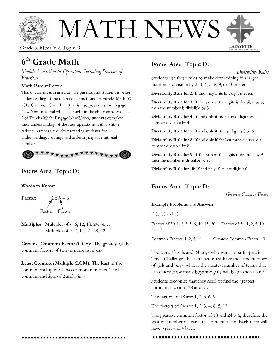 Grade 6 Module 2 Topic D Newletter