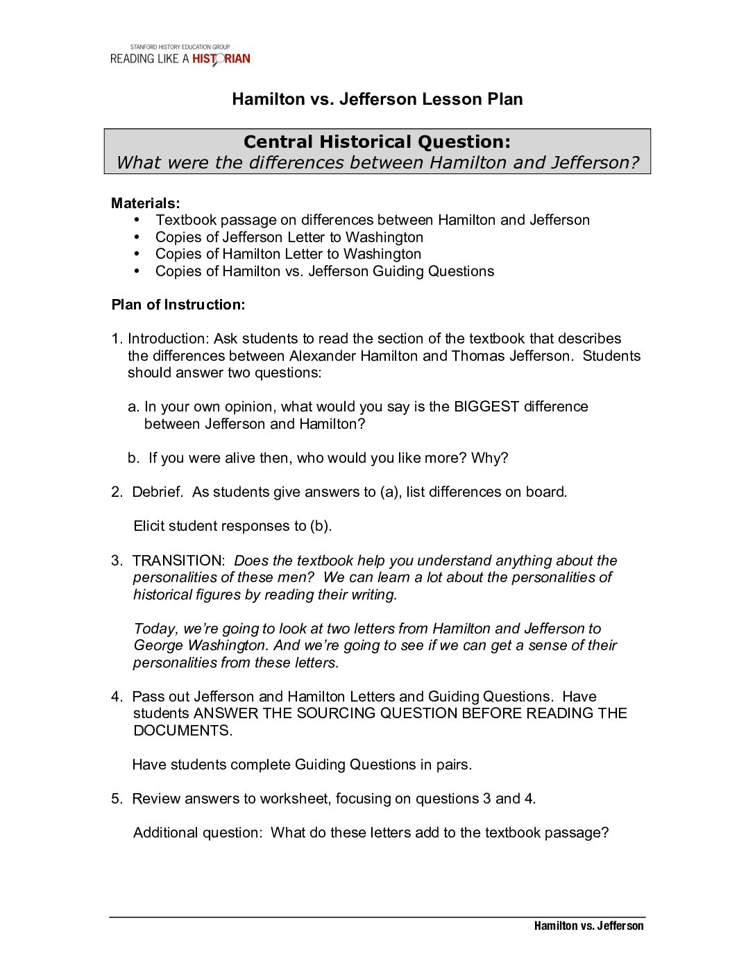 Hamilton Vs. Jefferson Lesson Plan