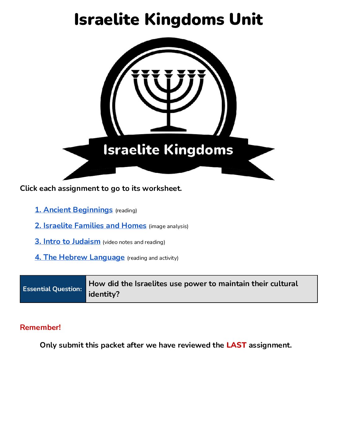 Israelite Kingdoms Unit Packet