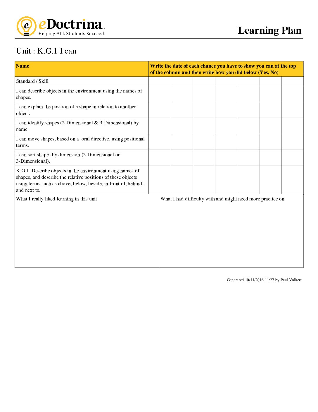 Kindergarten Module 2 I Can