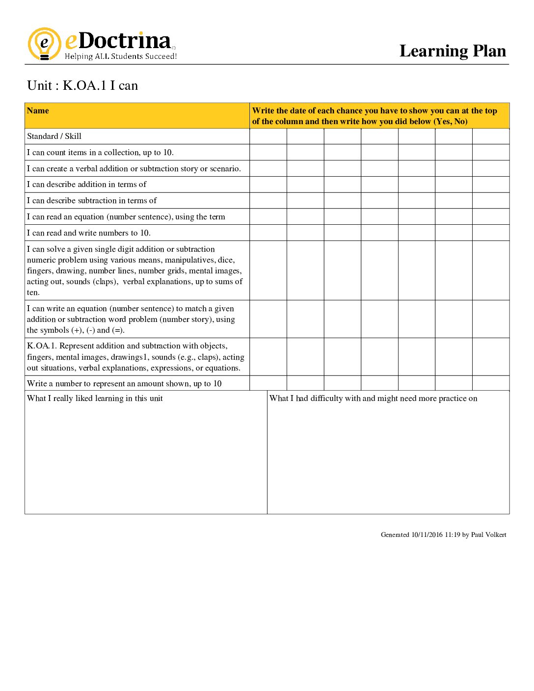 Kindergarten Module 4 I Can