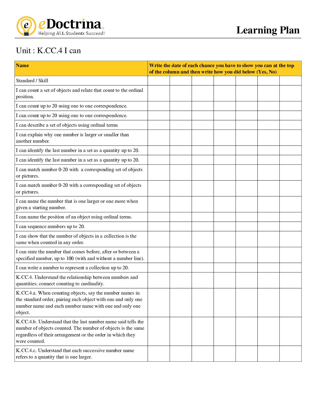 Kindergarten Module 6 I Can