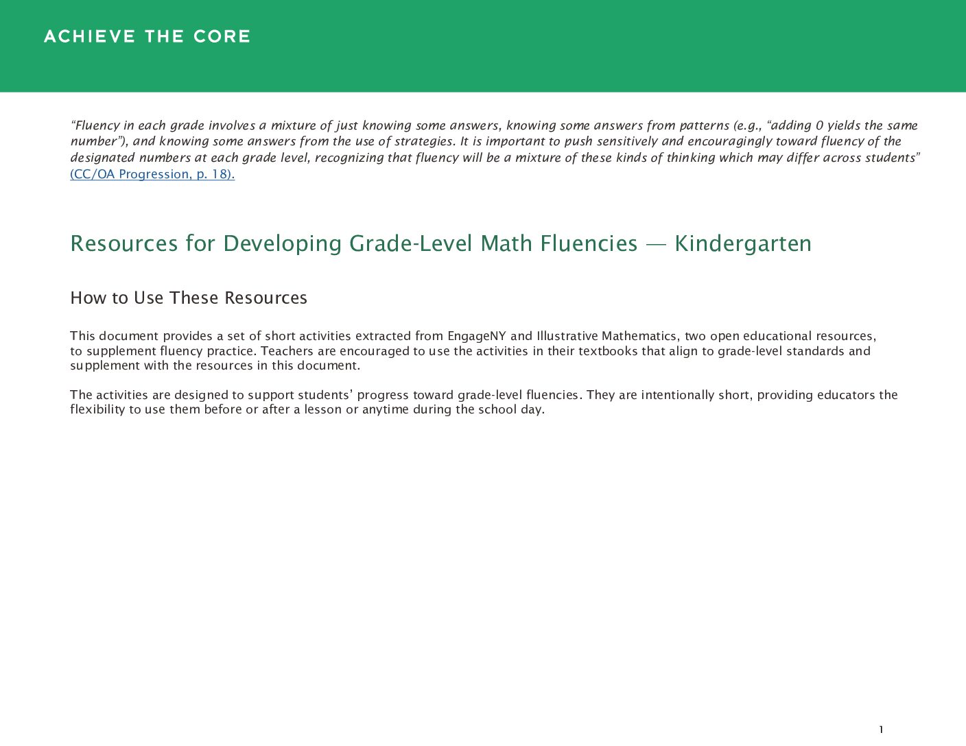 Math Fluency Resources Grade K