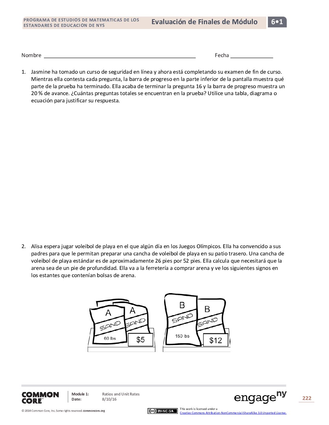 Math G6 M1 End Of Module Assessment Spanish