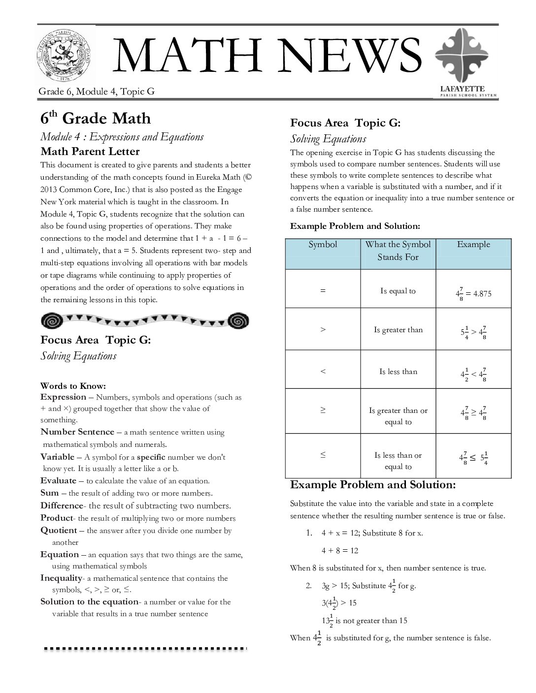 Newsletters Grade 6 Module 4 Topic G