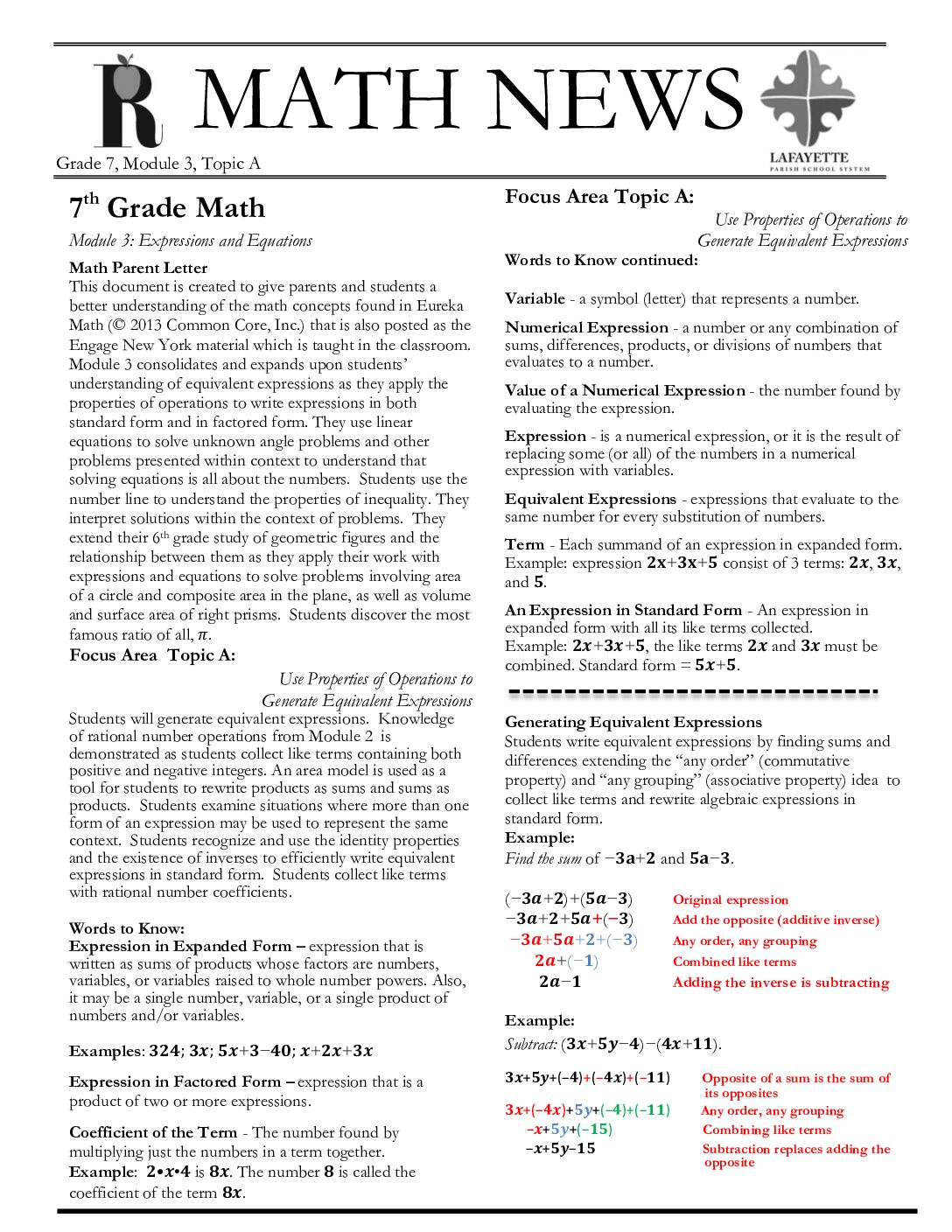 Newsletters Grade 7 Mod 3 Topic A
