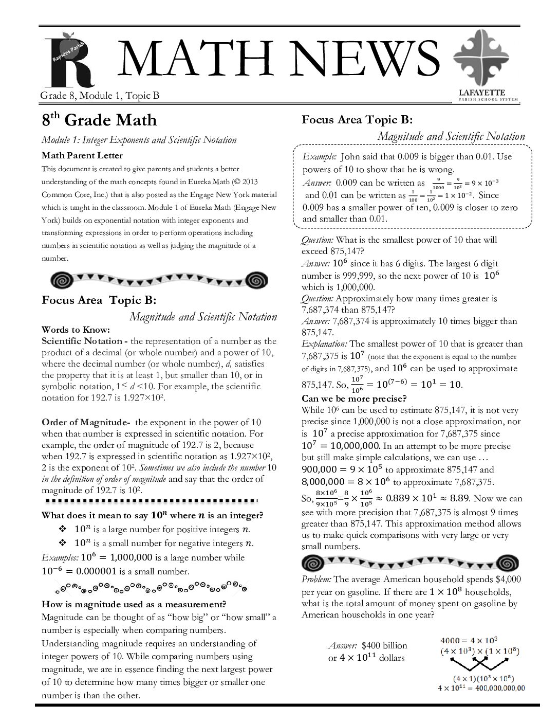 Newsletters Grade 8 Math Mod 1 Topic B