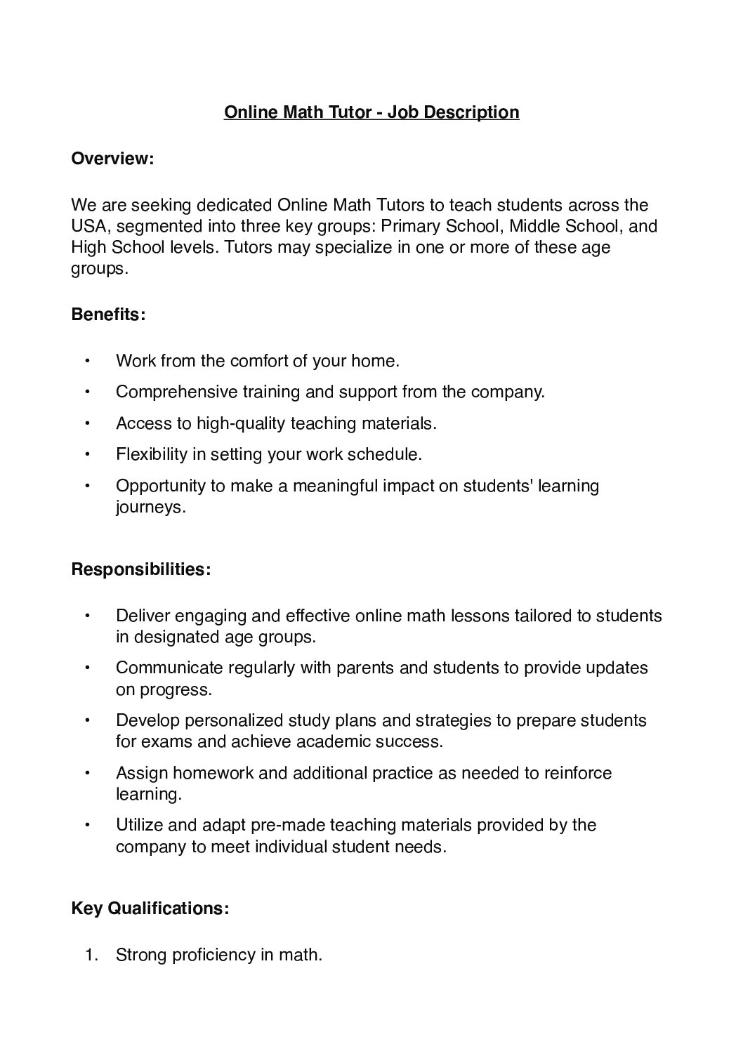 Online Math Tutor Job Description And Payment Structure