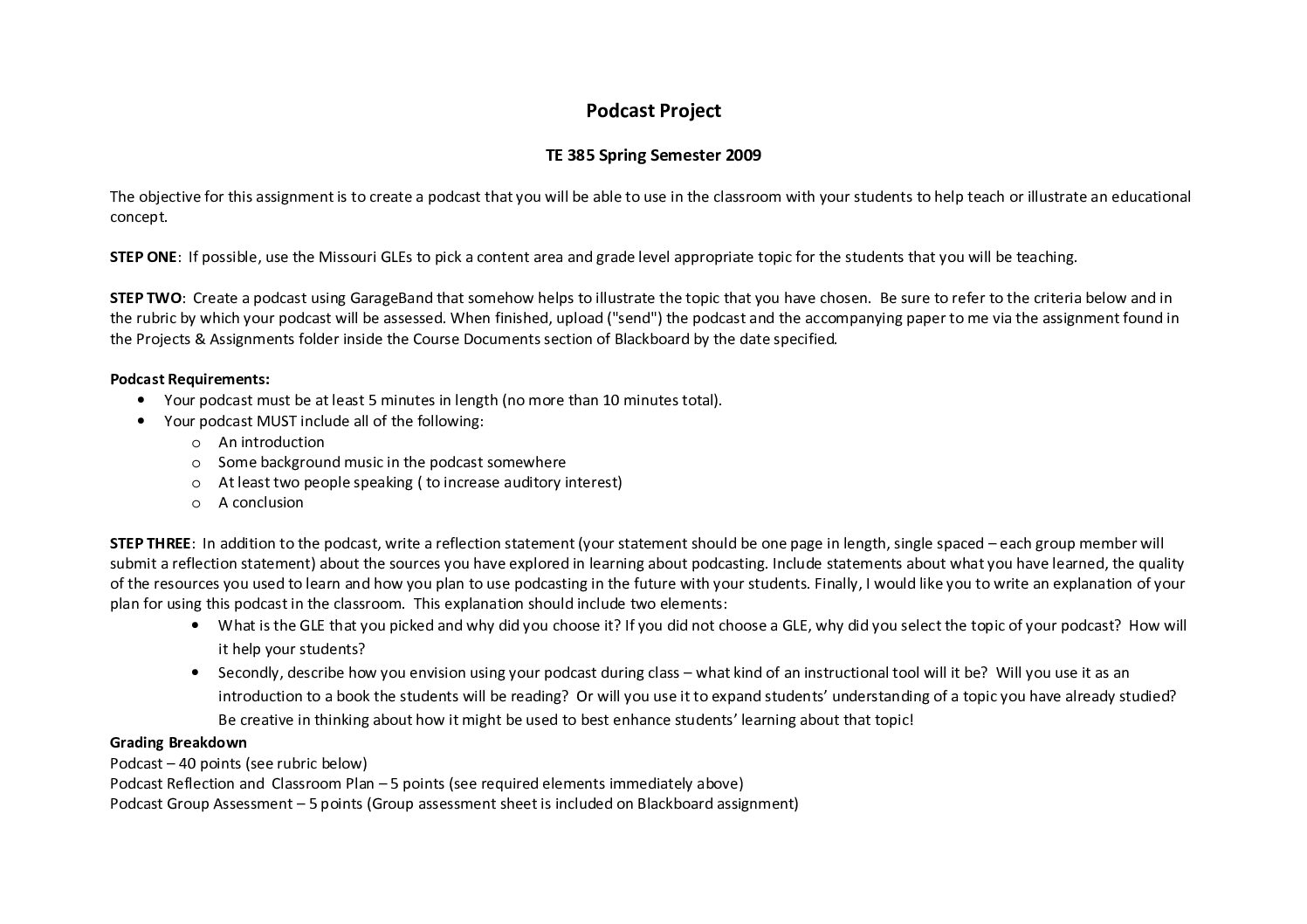 Podcasting Rubric And Project