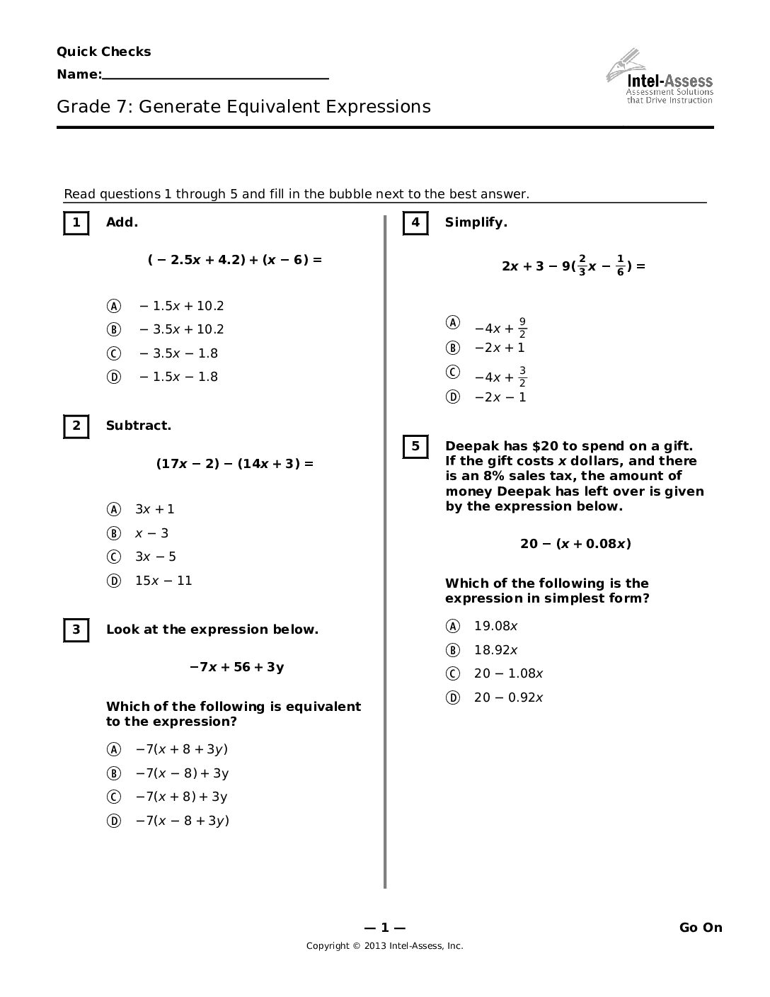 Qce45552 Grade 7 Generate Equivalent Expressions