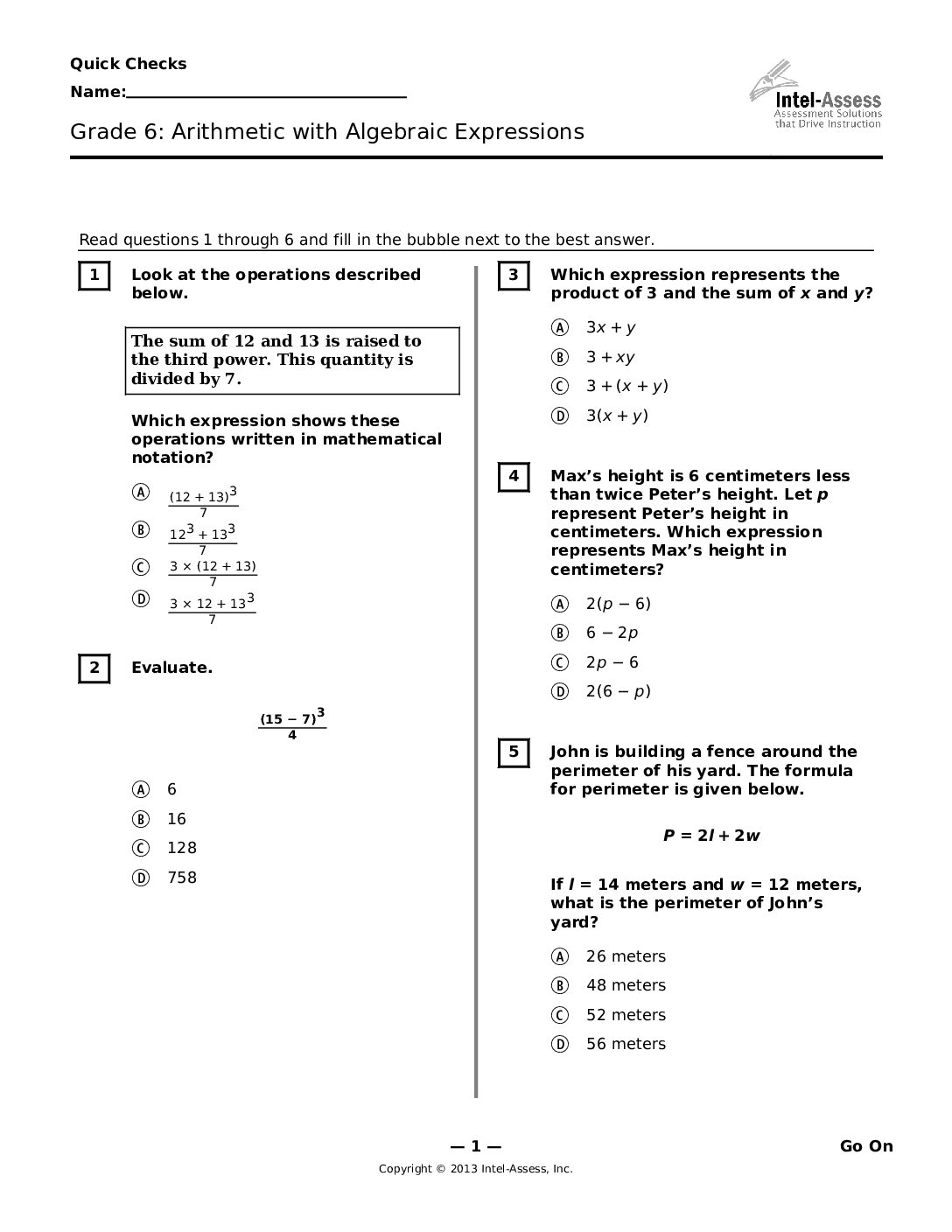 Qce45869 Grade 6 Arithmetic With Algebraic Expressions