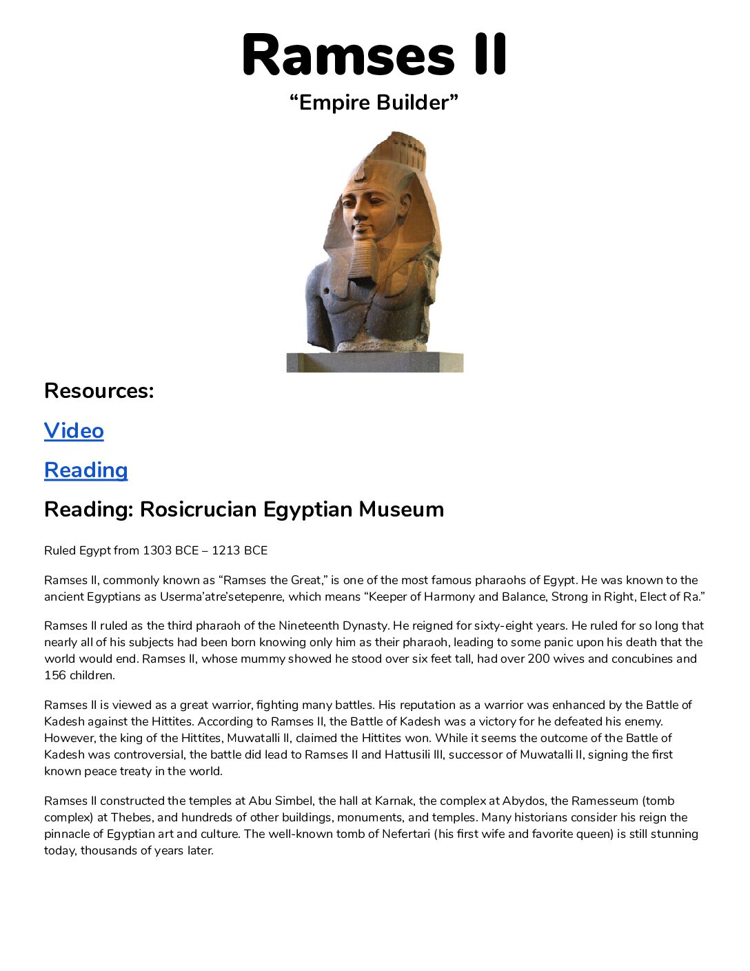 Ramses Iı Information Card