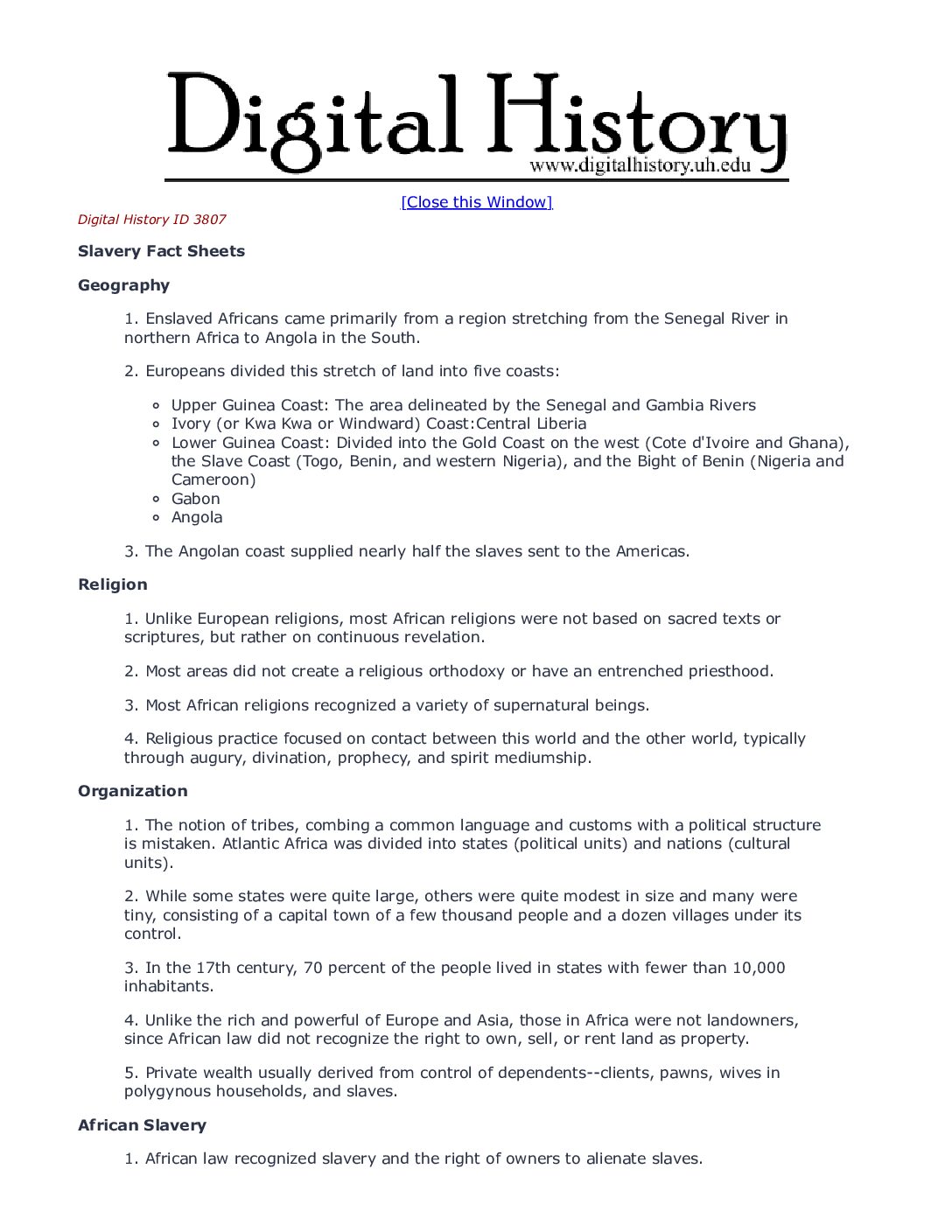Slavery Fact Sheets