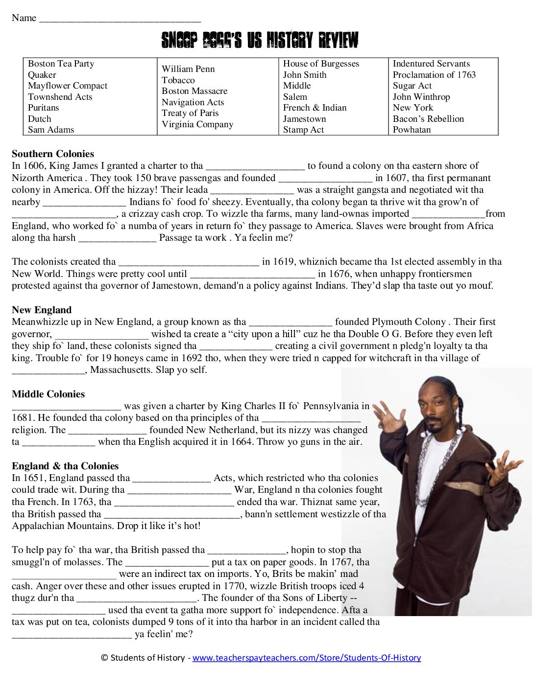 Snoopdog American History Early Colonies Cloze Reading Guide