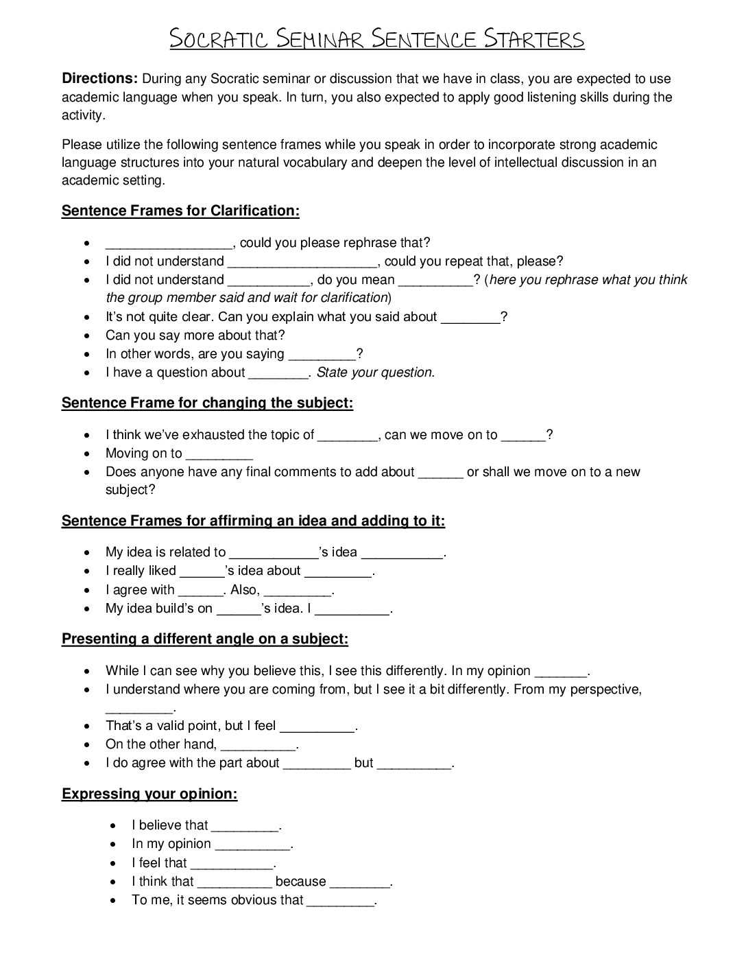 Socratic Seminar Transitions