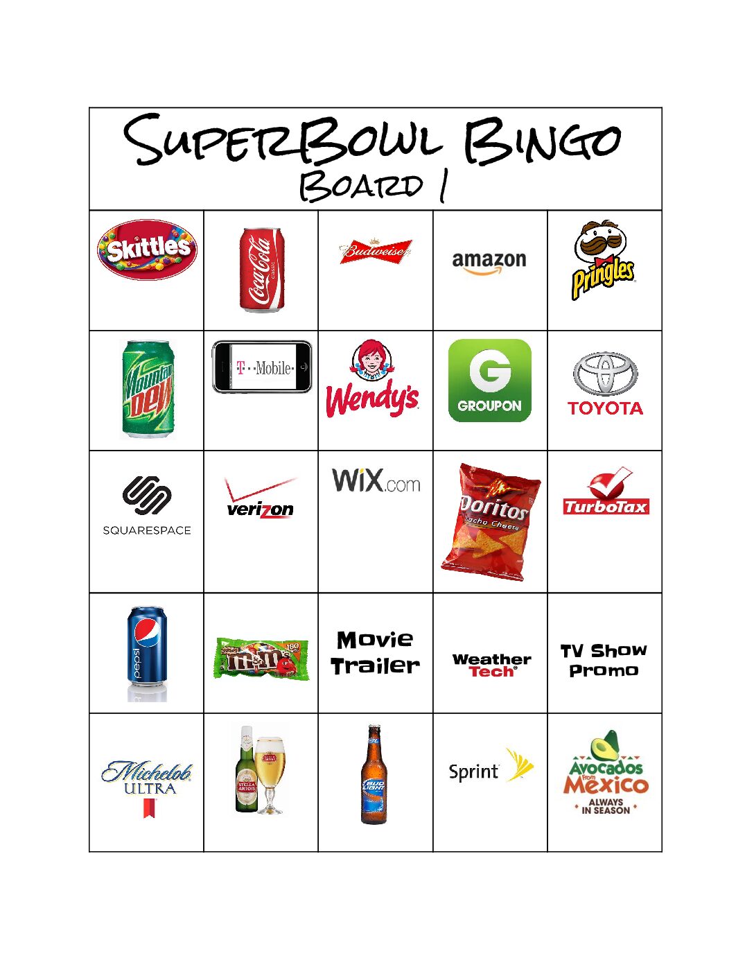 Superbowl Bingo 1 2018