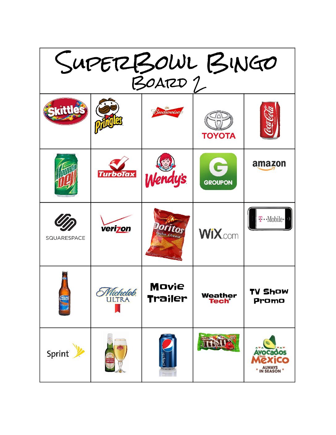 Superbowl Bingo 2 2018