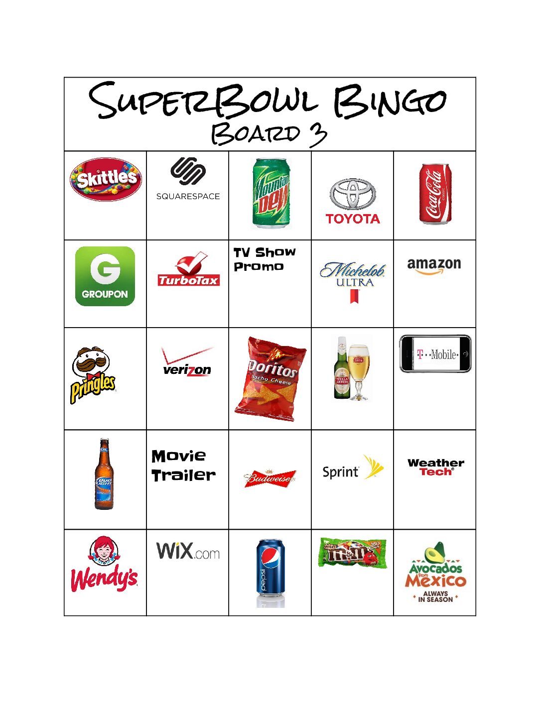 Superbowl Bingo 3 2018