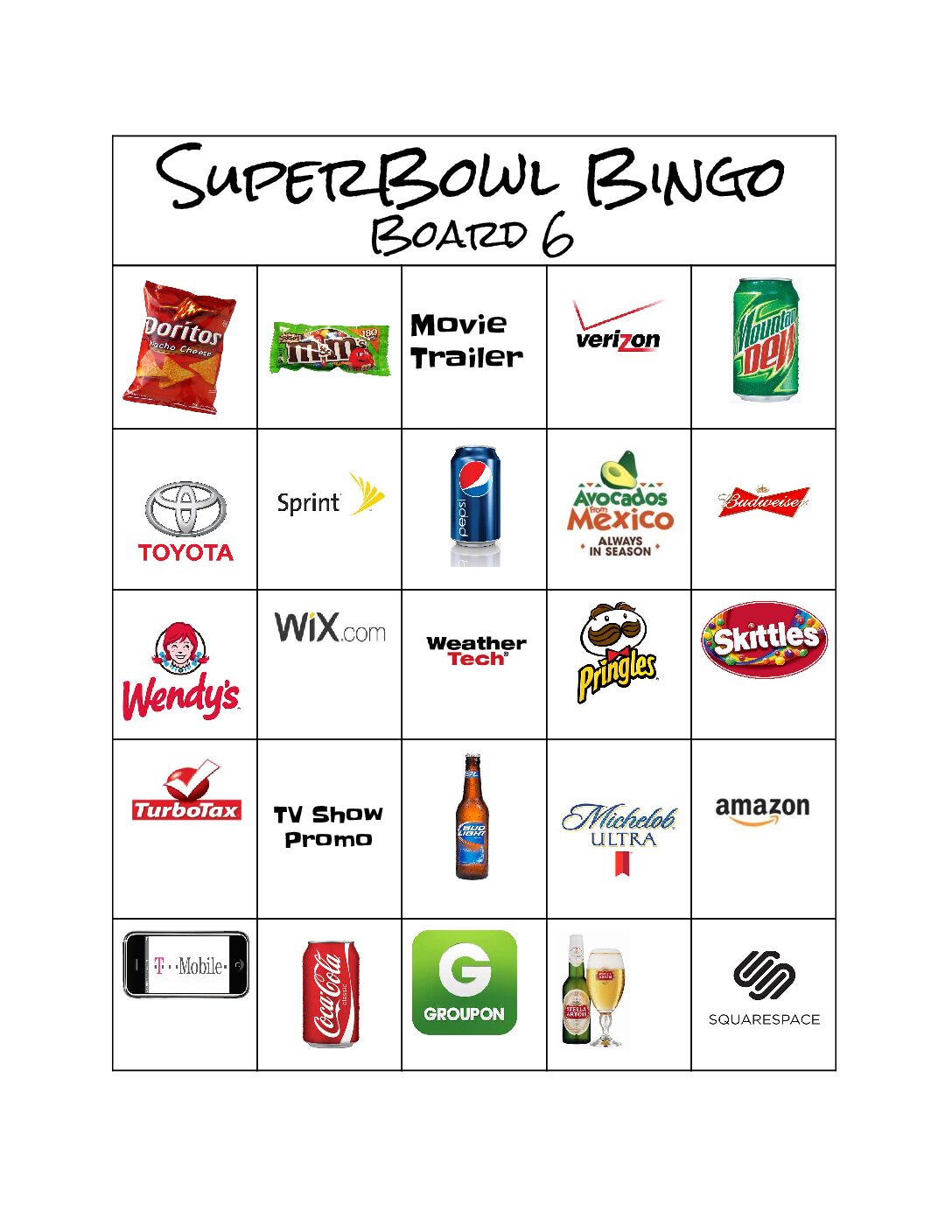 Superbowl Bingo 6 2018