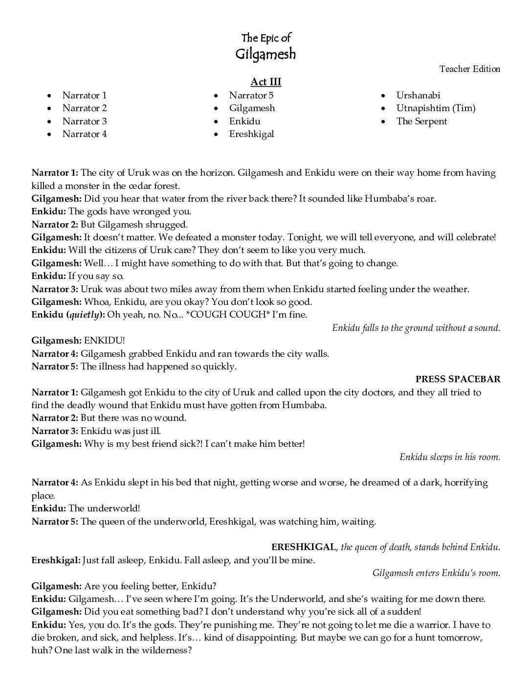 The Epic Of Gilgamesh Act 3 Teacher Edition
