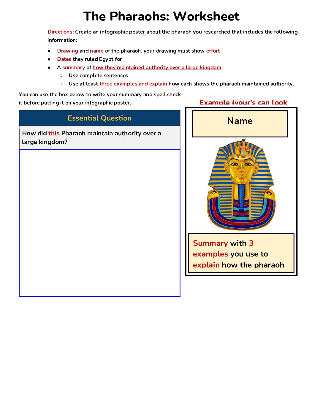 The Pharaohs Worksheet