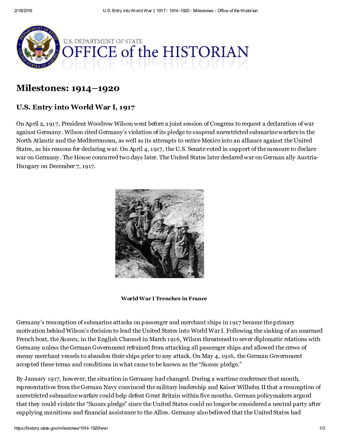 U.S. Entry İnto World War I 1917 Article