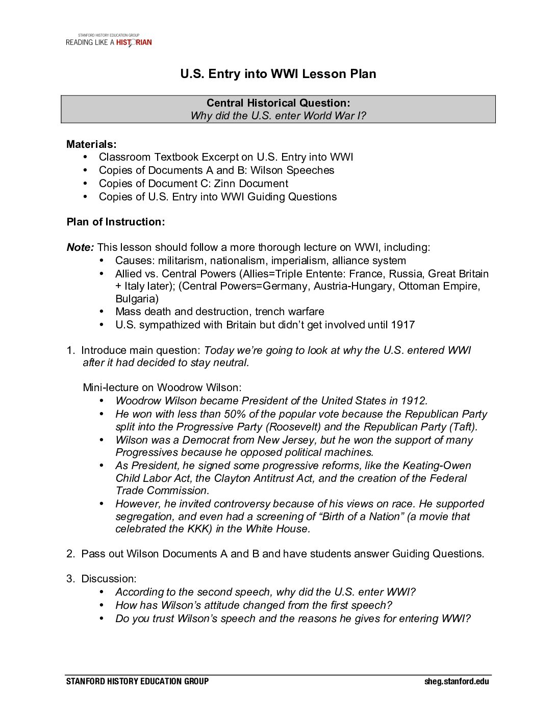 U.S. Entry İnto Wwı Lesson Plan 0