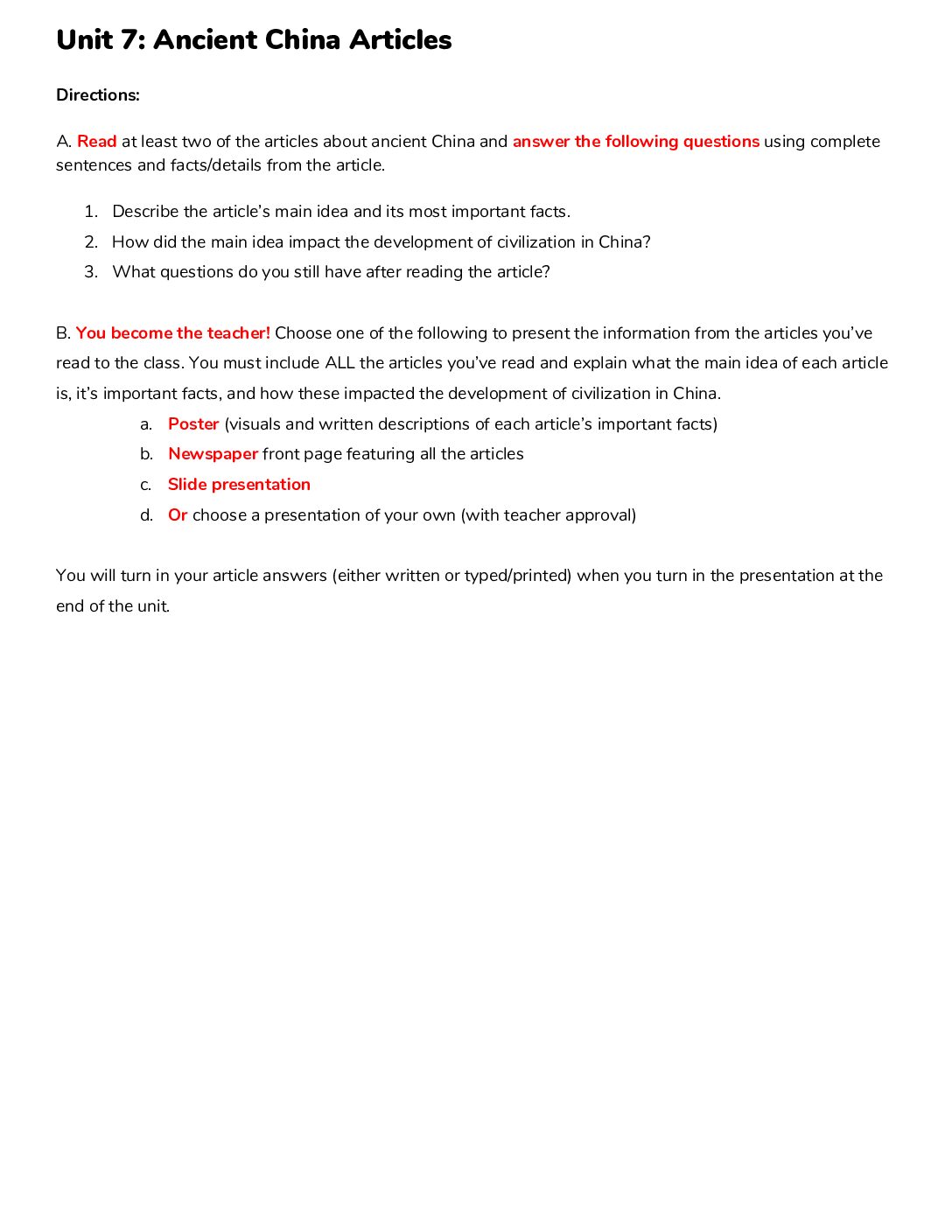 Unit 7 Ancient China Articles