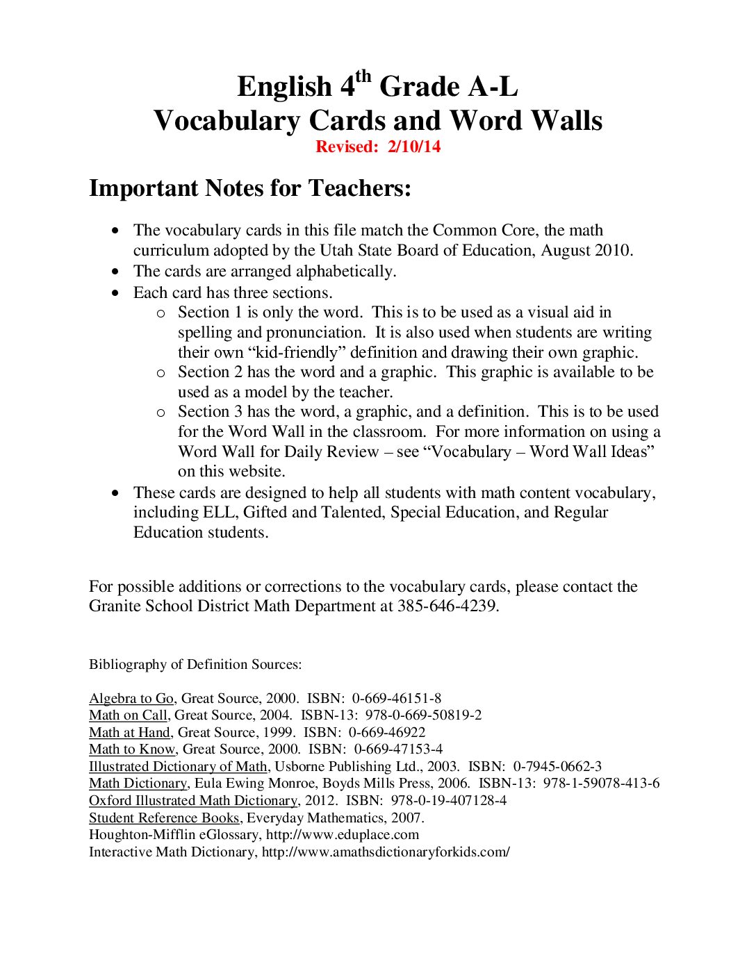 Vocabulary Cards 4Th Grade A L