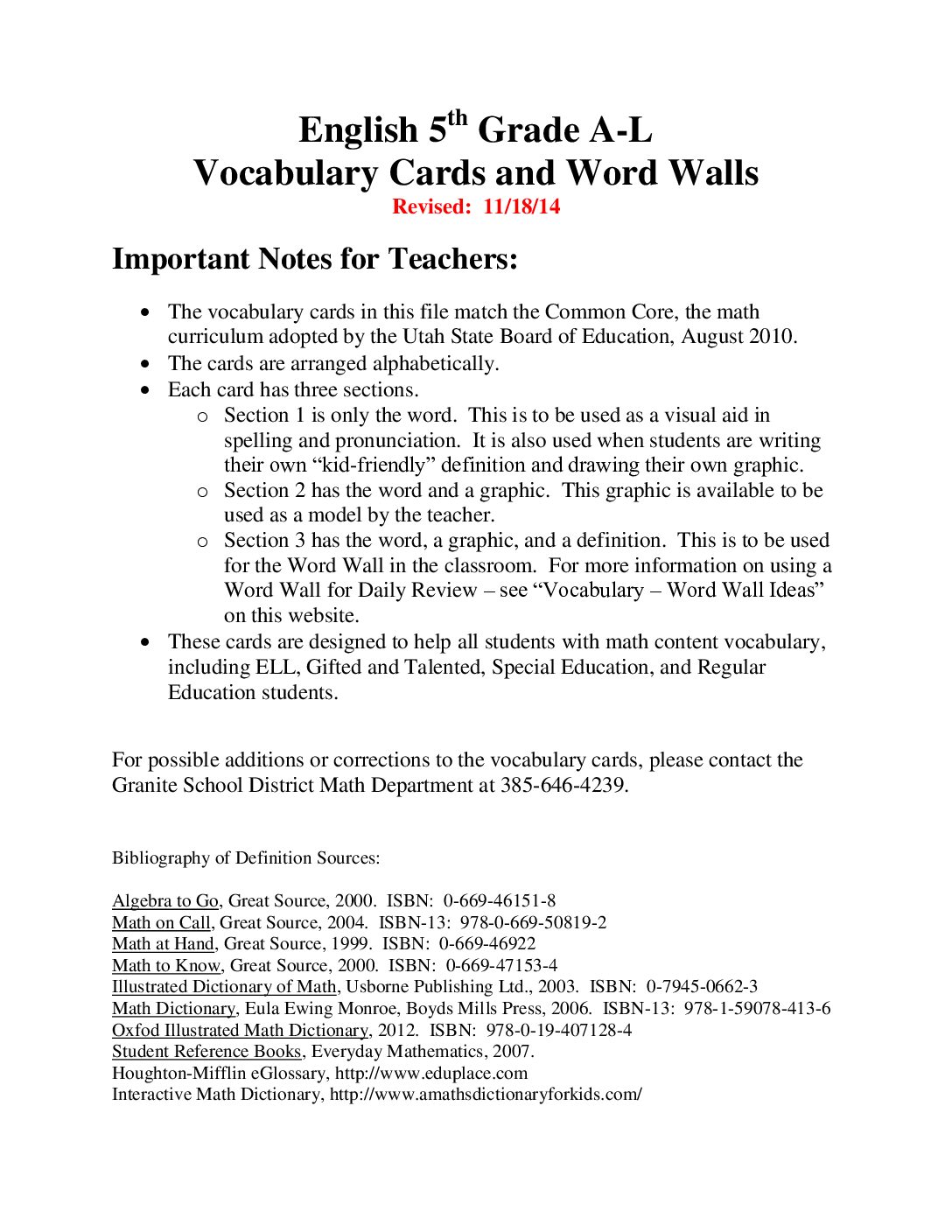 Vocabulary Cards 5Th Grade A L