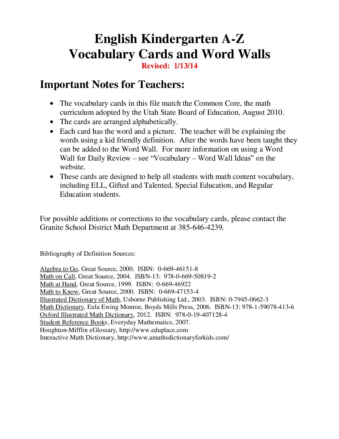 Vocabulary Cards Kindergarten