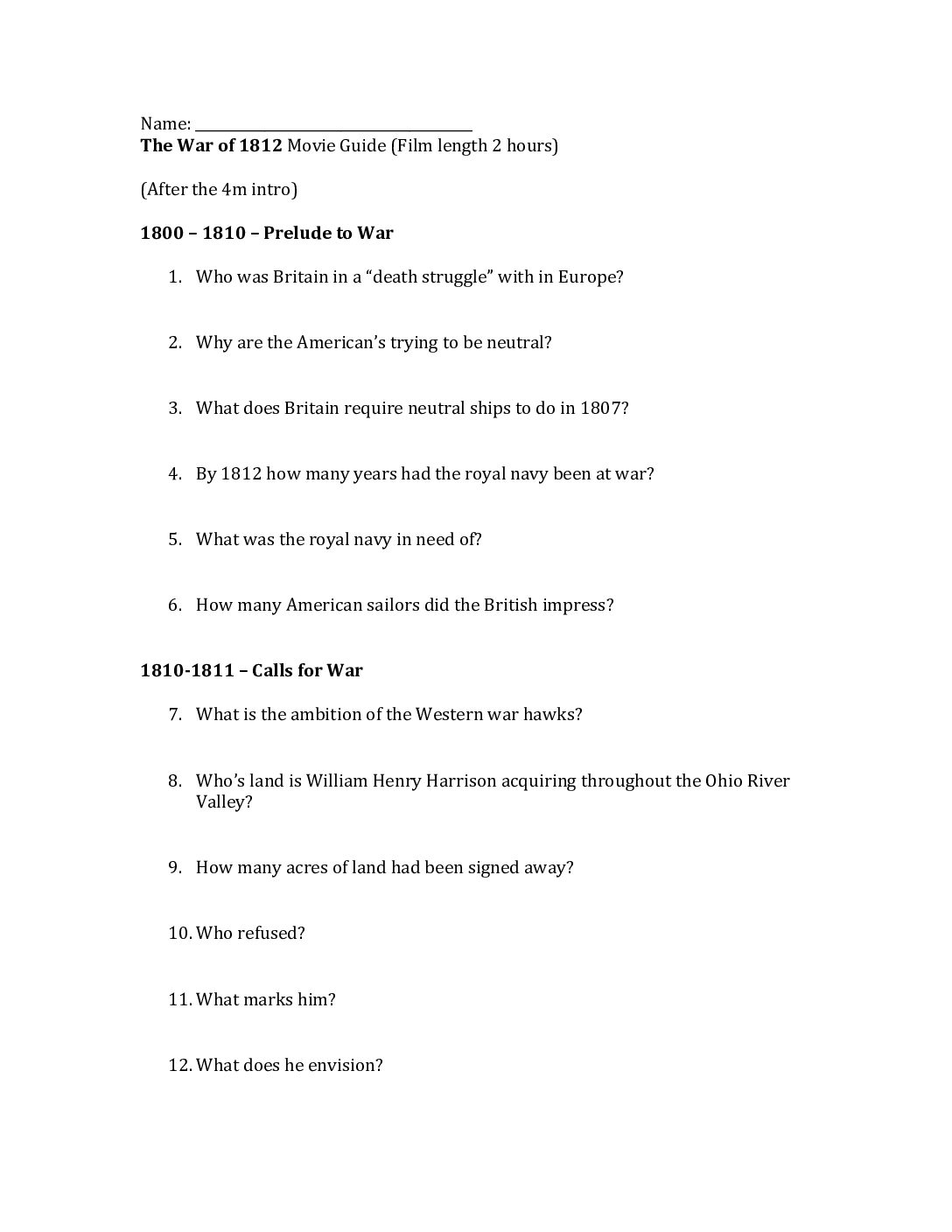 War Of 1812 Documentary Questions