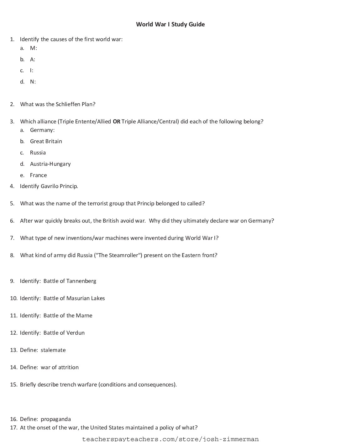 World War I Study Guide