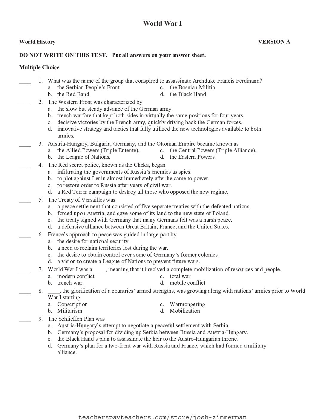 World War I Test