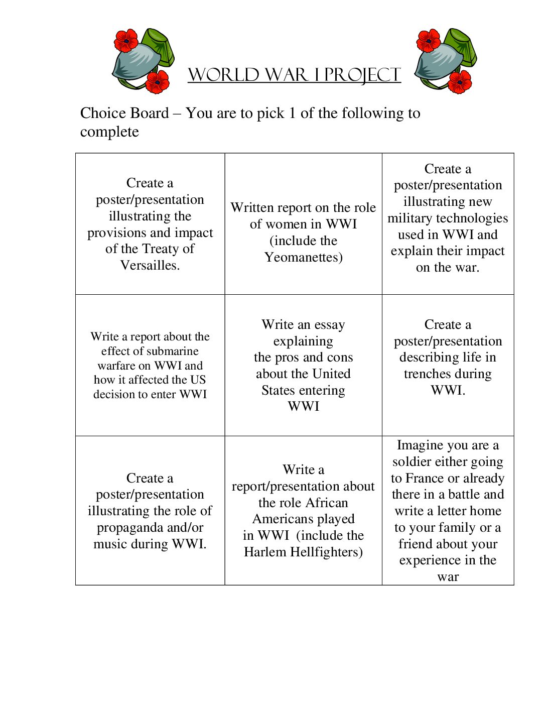 Wwı Choice Board
