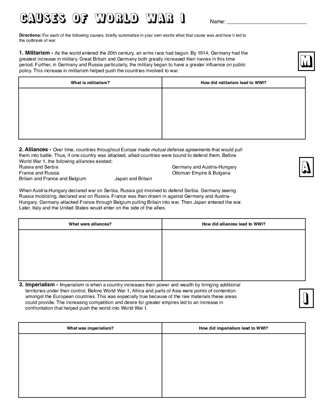 Wwı Maın Causes Worksheet