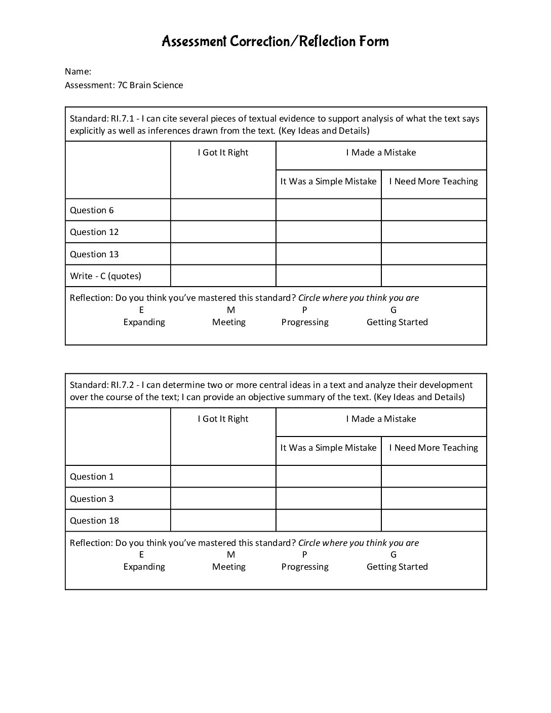 7C Assessment Correction Reflection